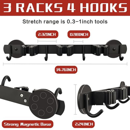 ULIBERMAGNET Magnetic Mop Broom Holder,Heavy Duty Movable Magnetic Broom Holder Rack,Anti-slip Wall Mounted Utility Storage Mop Shovel Hanger for Garage, Kitchen, Laundry, Garden(3 Racks / 4 Hooks) - style: 1 SET 3 Slot / 4 Hooks Magnetic Mop Rack