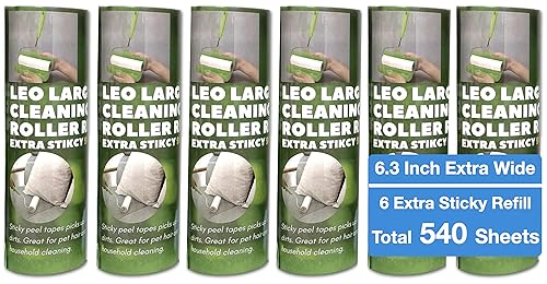 Leo 6.3-Inch Wide Lint Roller Refills, Dog Hair Roller Super Sticky Roll Floor Refill, Compatible with Leo Cleaning Roller Refill, 6 Refill Rolls with 90 Sheets Each, Total 540 Sheets - size: 6 Refills