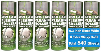 Leo 6.3-Inch Wide Lint Roller Refills, Dog Hair Roller Super Sticky Roll Floor Refill, Compatible with Leo Cleaning Roller Refill, 6 Refill Rolls with 90 Sheets Each, Total 540 Sheets - size: 6 Refills