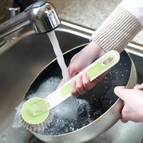 Beaupretty Kitchen Scrub Brush and Pot Brush Set with Long Handle, Detachable Steel Wire Scrubber Ball, Multi-Functional Dish Cleaning Tool for Household Sink and Cookware, Green