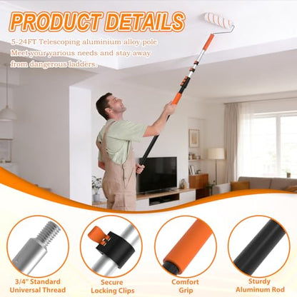 SISUPASSIE Telescoping Extension Pole, Reach to 30FT Telescoping Pole Multi-Purpose 5-24FT Lightweight, Sturdy with Universal Twist-on Metal Tip Extendable for Dusting Painting Window Cleaning - size: 24FT