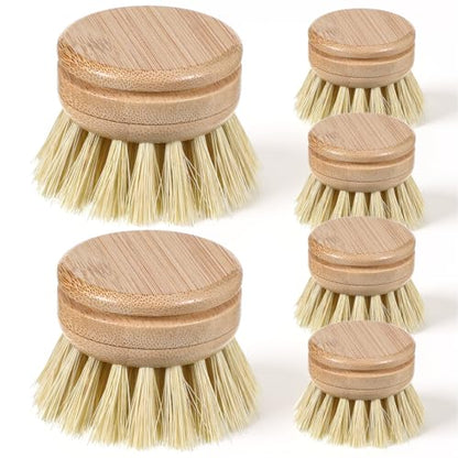 6 Pcs Bamboo Dish Brush Replacement Heads, 1.9 x 1.6 Inch Natural Sisal Bristle Scrubber Wooden Kitchen Dish Brushes for Pots, Pans, Bowls, Dishes Cleaning