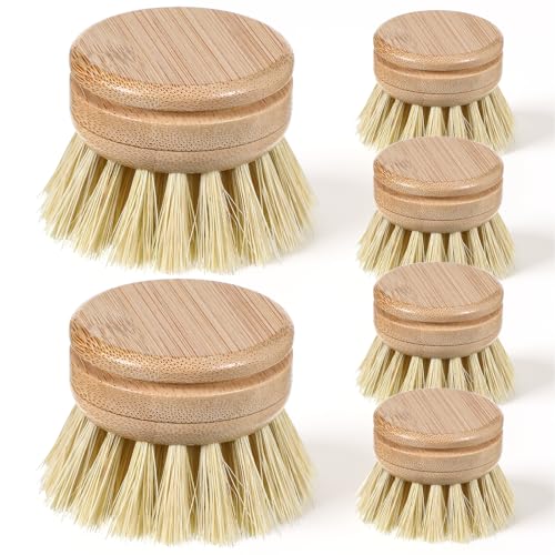 6 Pcs Bamboo Dish Brush Replacement Heads, 1.9 x 1.6 Inch Natural Sisal Bristle Scrubber Wooden Kitchen Dish Brushes for Pots, Pans, Bowls, Dishes Cleaning