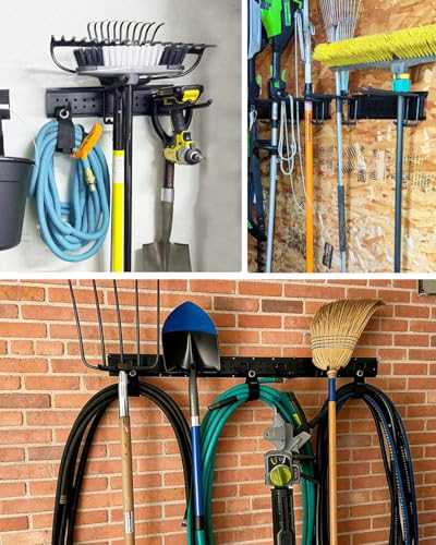 64-Inch Garage Storage Tool Organizer Wall Mount, Heavy Duty Garage Organization Metal Rack with 12 Hooks, Garden Tool Hanger Holder for Broom, Shovels, Ladders, Lawn Tools - size: 64" 4 Panels & 12 Hooks