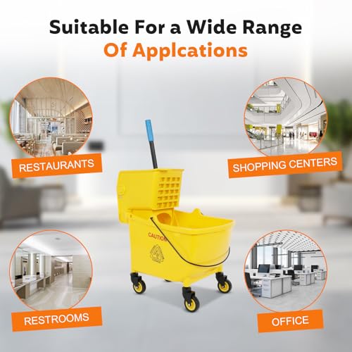 35 Qt Commercial Mop Bucket with Side Press Wringer on Wheels, Mop and Bucket Set, Add One Industrial Mop and One Mop Head Replacement