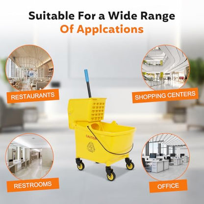 35 Qt Commercial Mop Bucket with Side Press Wringer on Wheels, Mop and Bucket Set, Add One Industrial Mop and One Mop Head Replacement