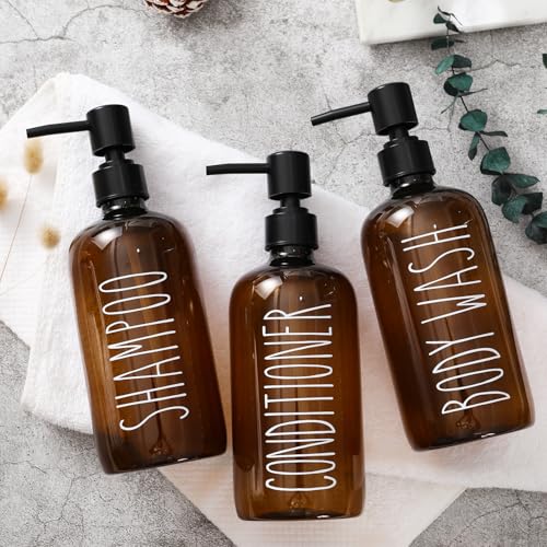 HOMCDALY Shampoo and Conditioner Dispenser Set of 3, 21oz Shower Soap Bottles with Pump, Refillable Shampoo Conditioner Body Wash Dispenser, Empty Bathroom Shower Shampoo Bottles(P-Brown) - color: Brown-21on