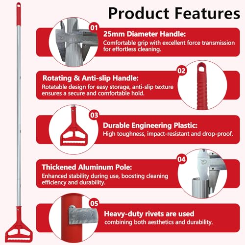 Mop Handle Commercial Heavy Duty Commercial Mop Handle Mop Pole & Mop Stick Replacement Aluminum Industrial Mop Handle with Threaded Clamping Device, Suitable for Cotton & Fiber Mop Heads - color: Red