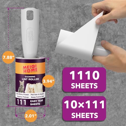 MEIQIHOME Lint Rollers for Pet Hair Extra Sticky, 1110 Sheets Mega Value Set Lint Roller with 5 Upgraded Handles, 10 Rollers Portable Pet Lint Roller for Clothes, Furniture, Dog & Cat Hair Removal - size: 1110 SHEETS