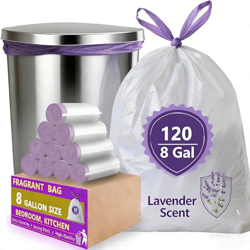 8 Gallon Trash Bags Drawstring, 120 Count Lavender Scented Leak Proof Medium Garbage Bags, 8 Gal Bin Bags Odor Control & Tear Resistant Can Liners for Kitchen Bathroom Bedroom Office - size: 1 Count (Pack of 110)