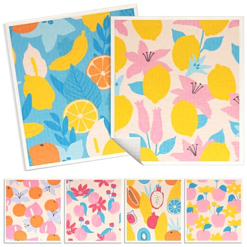 6 - Pack Swedish Kitchen Dish Cloths - Reusable Paper Towels for Counters & Dishes - Eco Friendly Cellulose Sponge Cloth (Fruit Plants) - color: G-fruit Plants