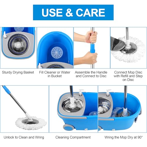 Spin Mop and Bucket with Wringer Set, 3 Washable Microfiber Pads Included for Floor Cleaning, Adjustable Stainless Steel Handle, Easy Moving with Wheels, Blue - color: Blue