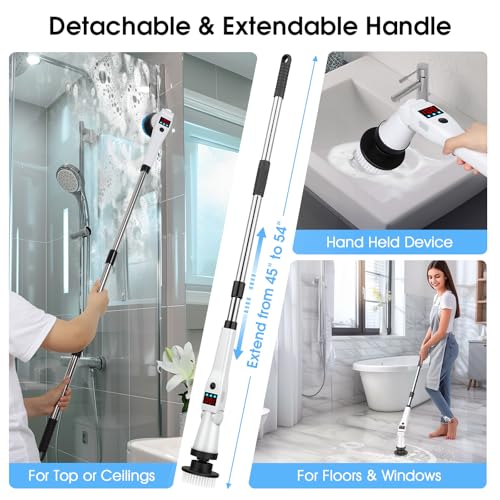 Electric Spin Scrubber, Shower Scrubber with Long Handle, Rechargeable Cordless Power Scrubber, Retractable & Adjustable Angle Spin Brush for Cleaning Bathroom/Tub/Floor/Tile (Black-White+Beige)