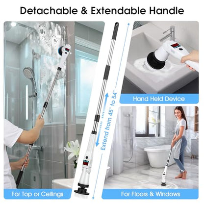 Electric Spin Scrubber, Shower Scrubber with Long Handle, Rechargeable Cordless Power Scrubber, Retractable & Adjustable Angle Spin Brush for Cleaning Bathroom/Tub/Floor/Tile (Black-White+Beige)