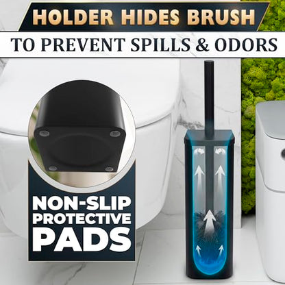 Black Toilet Brush and Holder Set - Slim Matte Design that Fits Anywhere - Stainless Steel Toilet Bowl Brush and Holder with 2 Rounded Corners, Replaceable Head, Removable Inner Bowl & Splash Guard - color: Black Squircle
