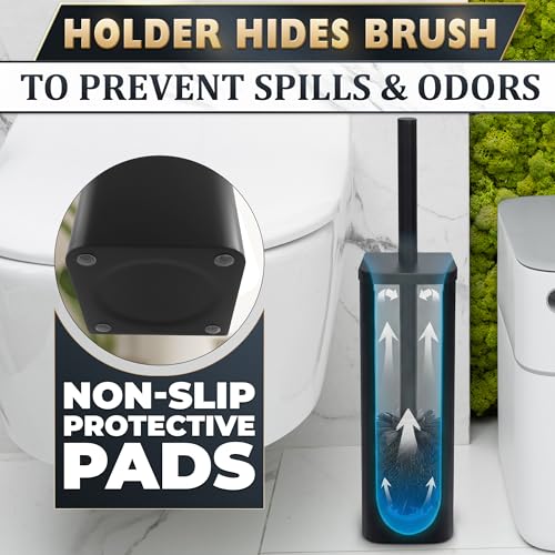Black Toilet Brush and Holder Set - Slim Matte Design that Fits Anywhere - Stainless Steel Toilet Bowl Brush and Holder with 2 Rounded Corners, Replaceable Head, Removable Inner Bowl & Splash Guard - color: Black Squircle