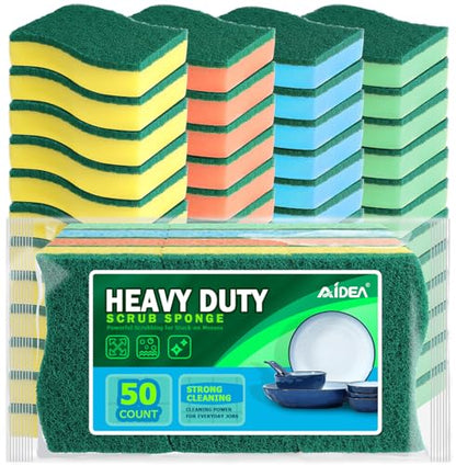 AIDEA Sponges Kitchen, 50 Pack Heavy Duty Dish Sponge, Cleaning Dish Scrubber Sponge for Home and Kitchen, Stink-Free Cleaning Supplies for Pots, Pans - style: Multicolor-S Shape