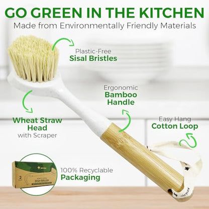 AIRNEX Bamboo Dish Brush Set of 2 - Dishwasher Brush w/Handle Made of Wheat Straw & Sisal Bristles - Non Scratch Kitchen Scrub Brush for Dishes, Pots & Pans - Dish Scrubber w/Plastic Free Bristles