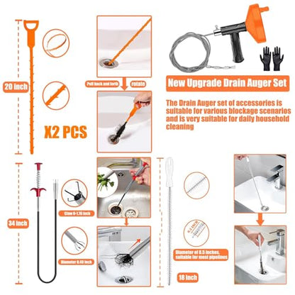 33 Feet Drain Snake Auger, Plumbing Snake Drain Hair Clog Removal Tool, Sink Unclogger Drain, Heavy Duty Drum Auger, Cleaner Tool for Bathroom Kitchen Tub Shower Drain Clog Remover with Gloves，Orange