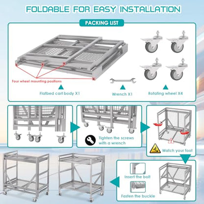 2 Shelf Rolling Cart with Wheels, 660lbs Capacity Collapsible Steel Rolling Utility Cart, Heavy-Duty Foldable Hand Truck, Metal Storage Carts with Handle for Groceries, Warehouse (36" Lx26 W) - color: Net 660lbs Capacity