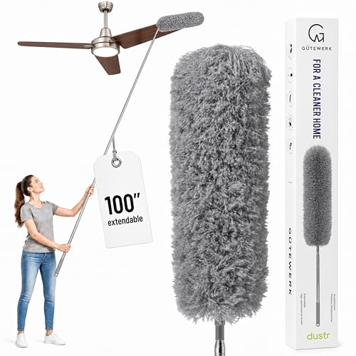 Gütewerk Extendable Microfiber Duster, 100 Inch - Feather Dusters for Cleaning Ceiling Fans, Blinds, Baseboards & High Ceilings - Washable, Electrostatic, 360° Bendable Head, Stainless Steel Pole - color: Gray, size: up to 100 inch
