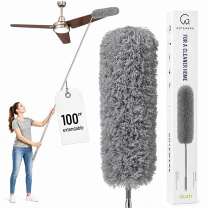 Gütewerk Extendable Microfiber Duster, 100 Inch - Feather Dusters for Cleaning Ceiling Fans, Blinds, Baseboards & High Ceilings - Washable, Electrostatic, 360° Bendable Head, Stainless Steel Pole - color: Gray, size: up to 100 inch