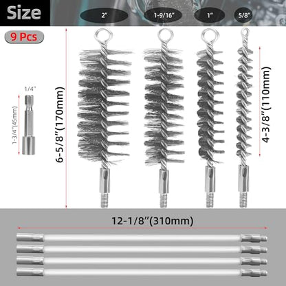 Drill-Powered Chimney & Pipe Cleaning Brush Kit - 50" Flexible Rods, 4 Stainless Steel Brush Heads (15-50mm), for Fireplace, Auto Parts, Tubes
