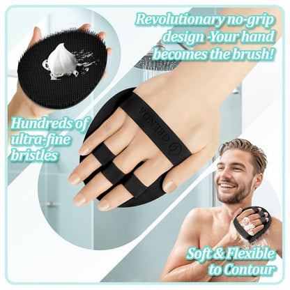 Silicone Back Scrubber & Bath Glove Set 2PCS, 13.4'' Gentle Shower Back Scrubber with Dual-Side Head Non-Slip Handle, 360° Anti-Slip Hand-fit Bath Glove for Rich Foaming Deep Cleaning(Black) - color: Black*2