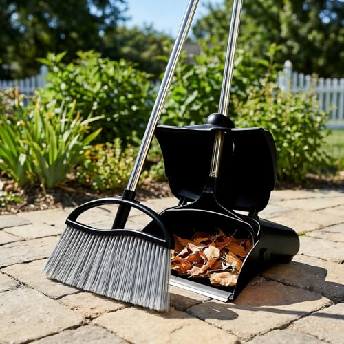 Long Handle Heavy Duty Broom and Dustpan Set, Outdoor and Commercial Upright Dustpan and Brush for Restaurant Garage Garden Yard Office,Black - color: Black