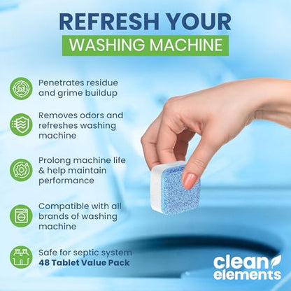 Washing Machine Cleaner Tablets 48 Pack – Deep Cleaning Descaler for HE, Front & Top Load Washers – Septic Safe, Eco-Friendly Freshener, Helps Maintain a Clean Drum – 24 Month Supply - size: 1 Count (Pack of 48)