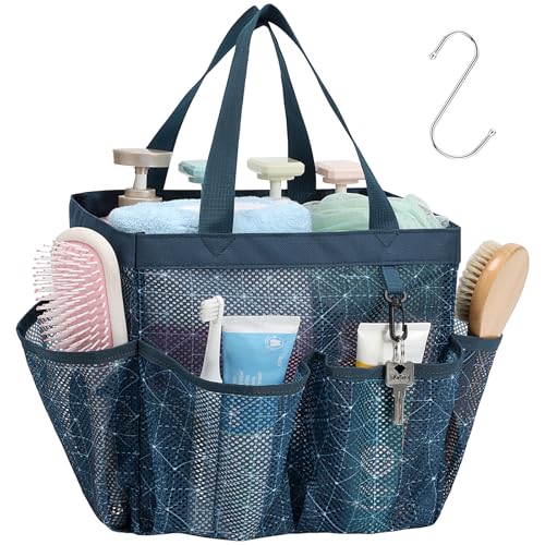 F-color Mesh Shower Caddy Portable, Upgrade Deeper 7 Pockets Shower Bag Basket Tote for College Dorm Room Toiletry Bathroom Essentials Gym Camp Quick Dry 2 handles with S Hook, Starlight Navy - color: Starlight Navy, size: L (Classic Dorm Caddy)