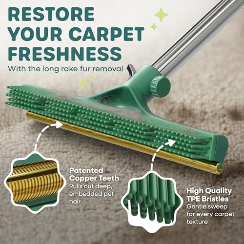 Carpet Rake for Pet Hair Removal Tool with Copper Teeths, 60” Long Handle – 3 in 1 Heavy-Duty Pet Hair Remover Kit for Dog Cat Carpets, Rugs & Mats, Cat Dog Fur Rakes Scraper with self-Cleaning Brush