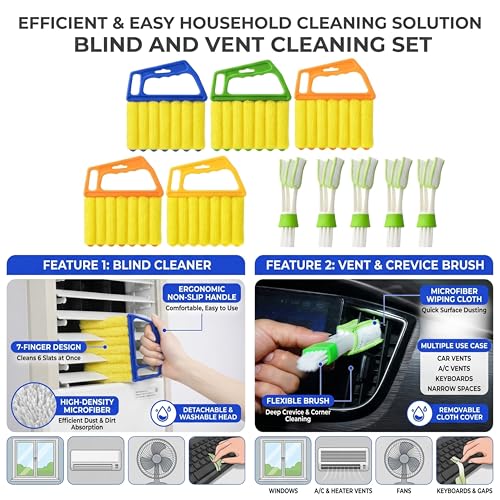 10 Pcs Blind Cleaner Duster Tool, 5 Washable 7-Fingers Dusters Cleaners and 5 Air Vent Cleaners for Venetian, Window Blinds Cleaning Set for Air Conditioner and Fans Vents