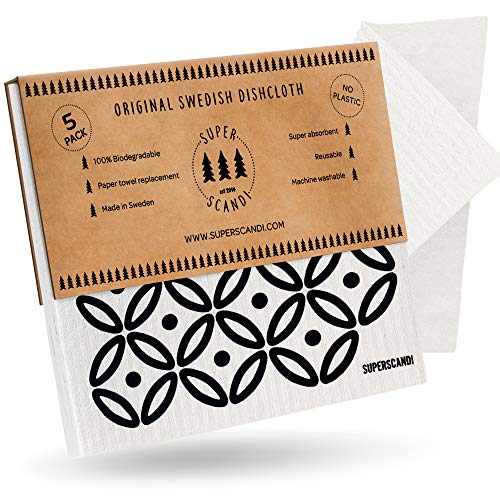 SUPERSCANDI 5 Pack Swedish Dishcloths for Kitchen - 100% Biodegradable & Compostable Reusable Paper Towels Washable, Food-Safe & Without Plastic - Dish Rags for Any Surface, Artdeco Black on White - color: Artdeco Black on White