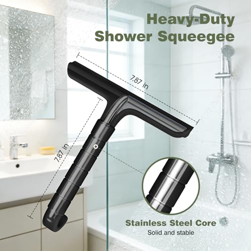 Roylvan Silicone Shower Squeegee, All-in-One Shower Squeegee for Glass Doors with Built-in Hook, Household Window Mirror Cleaner for Bathroom Glass Kitchen Tile Wall Car, Black