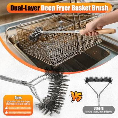Fryer Cleaning Tool 5 Piece Set, Deep Fryer Basket Brush, Long Handle L-Shaped & Straight Crevice Cleaning Brush, Cleanout Rod Kit and V-Shaped Strainer Scoop for Restaurant, Kitchen Maintenance - style: 5 Pack