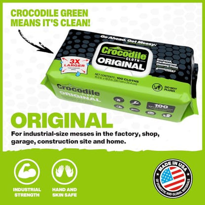 Crocodile Cloth Original Cleaning Wipes, Heavy-Duty Multi-Surface Hand & Tool Wipes, Water-Based, Safe on Skin, 100 Count, 15 x 10 Inch - size: 100 Count (Pack of 1)