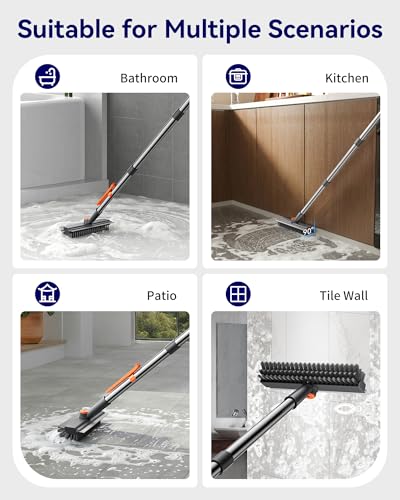 Small Floor Scrub Brush with Length Adjustable Long Handle, 3 in 1 Heavy-Duty Stiff Bristle Scrubber Brush with Squeegee and Tweezer for Cleaning Bathroom, Tile, Deck, Patio, Garage and Kitchen - color: Gray