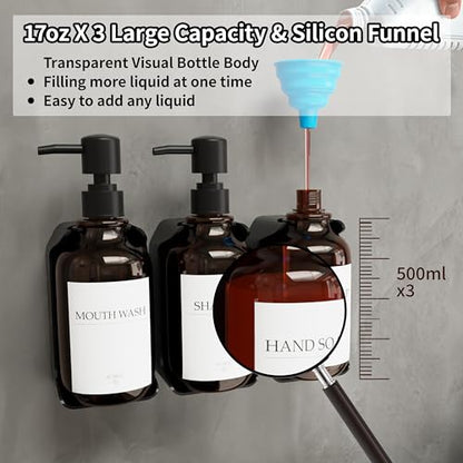 Shampoo and Conditioner Dispenser, Shower Soap Dispenser with 16 Waterproof Labels, Shampoo Dispenser for Shower Wall, Shower Dispenser 3 Chamber No Drill, 17oz, Amber - color: Amber