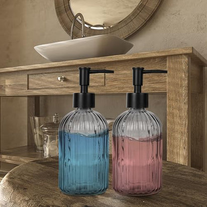 2 Pack 11oz Glass Soap Dispenser with Plastic Pump, Vertical Stripe Design Refillable Hand Soap Dispenser for Hand Wash, Bathroom and Kitchen - color: Transparent Black