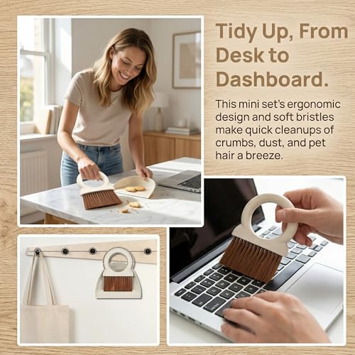 Mini Broom and Dustpan Set with Round Handle, Compact Small Hand Broom with Soft Bristles for Kitchen Counter, Desk, Drawer, Pet Area & Car Interior, Space-Saving Portable Cleaning Tool (Coffee) - color: Coffee