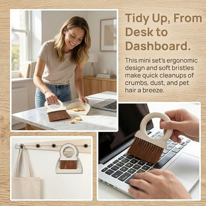 Mini Broom and Dustpan Set with Round Handle, Compact Small Hand Broom with Soft Bristles for Kitchen Counter, Desk, Drawer, Pet Area & Car Interior, Space-Saving Portable Cleaning Tool (Coffee) - color: Coffee