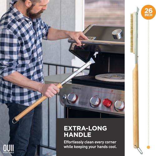 26'' Pizza Oven Brush with Stone Scraper - Includes 2 Brush Heads, Heat-Resistant Gold Stainless Steel Bristles - Long Grip Handle, Compatible with Ooni, Gozney, Blackstone, Solo Stove Ovens - color: Tan - 2 Brush Heads