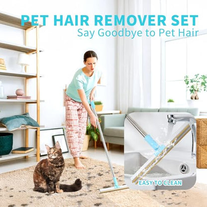 Carpet Rake for Pet Hair Removal - 5-Pcs Set Pet Hair Carpet Rake with Dog Hair Remover, Cat Hair Scraper Tool 55-Inch Adjustable Handle for Carpets, Rugs, Upholstery