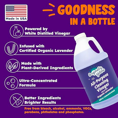 Originally Yellow Lavender Vinegar For Cleaning Purpose | USA Made All Purpose Cleaner | Use as a Floor, Glass, Kitchen, & Bathroom Cleaner | Plant Derived Vinegar half Gallon| 64 Oz - size: 64 Fl Oz (Pack of 1)