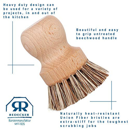 Redecker Pot Brush, Union Fiber, 2-Pack Heavy Duty Scrub Brushes for Pots, Cast Iron & Baked-On Residue, Beechwood, 2.6-Inch Round, Made in Germany - size: Set of 2