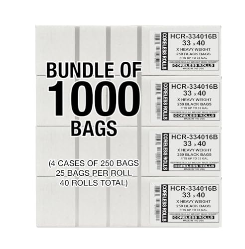 Aluf Plastics High Density Trash Bags, 33 Gallon, 1000 Count, 16 Micron (eq), 33" x 40", Black, for Bathroom, Office, Industrial, Commercial, Janitorial, Municipal, Recycling - color: Black, style: 33 Gal, 16 Micron Equiv, 1,000 Count