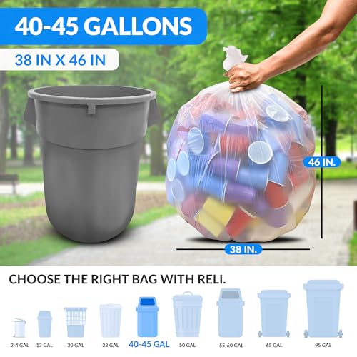 Reli. 40 to 45 Gallon Trash Bags Heavy Duty | 125 Trash Bags with Ties | Super Sizeable, Clear, Serious Garbage Cleanup