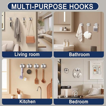 Silver Waterproof Suction Cup Hooks, 2-Pack Heavy Duty Stainless Steel No Drill Shower Hooks for Hanging Towels, Robes, Loofahs, Holder Holds Strong on Tile, Glass, Mirror, Wall, Bathroom Door - color: silver-2pcs