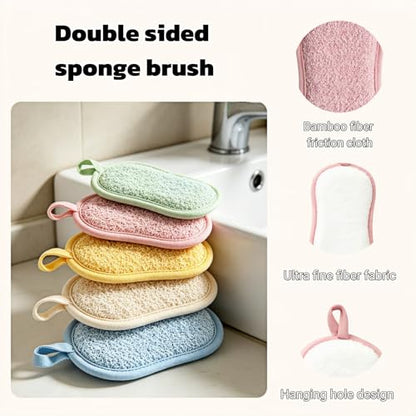 Multipurpose Kitchen Scrub Sponges, Heavy Duty Cleaning Non-Scratch Scrub Sponge, Double-Sided Reusable Microfiber Sponge with Hanging Rope for Household Cleaning, Dishes, Pots (5 Colors)
